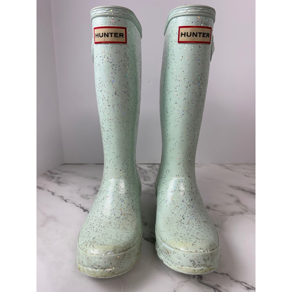 Hunter Rain Sparkle Teal Boots Kids Sz 2B 3G 12" Tall